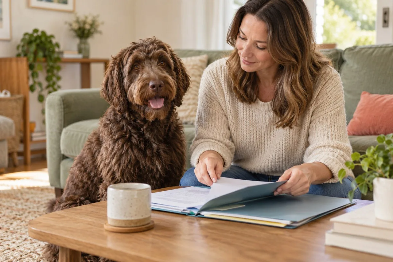 Owner reviewing paperwork beside a curly-coated brown dog